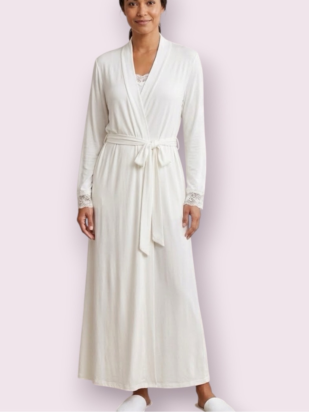 Oscar de la Renta Soft Jersey Knit Maxi Robe White Long Bridal Lounge M/L